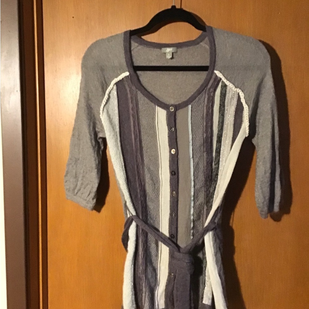 Striped Knit Button-Front Belted Cardigan - Gray & White